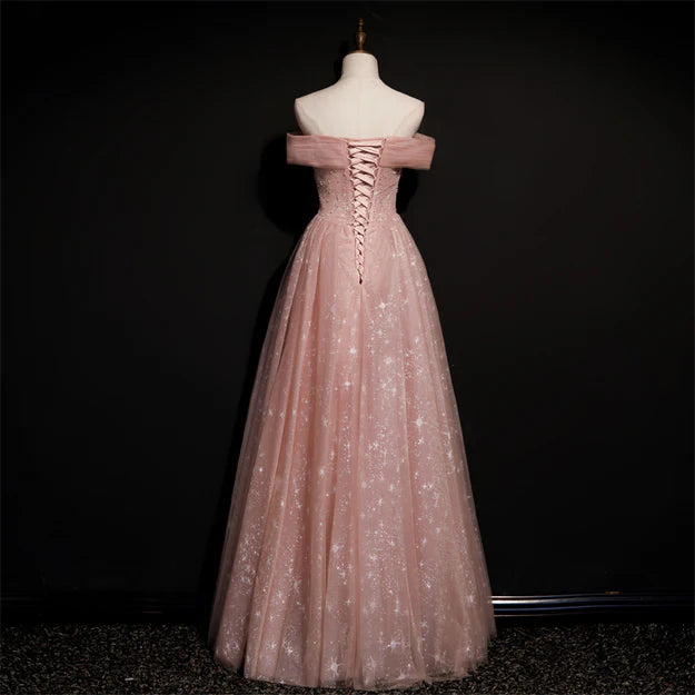 Luolandi Off Shoulder Pink Tulle Long A-line Prom Dress with Beadings Long Party Dress Evening Dress Elegant