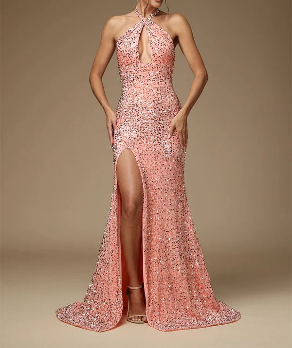 Luolandi Sequin slit tight fitting/column hanging neck and floor length formal prom dress Sexy Evening Dress