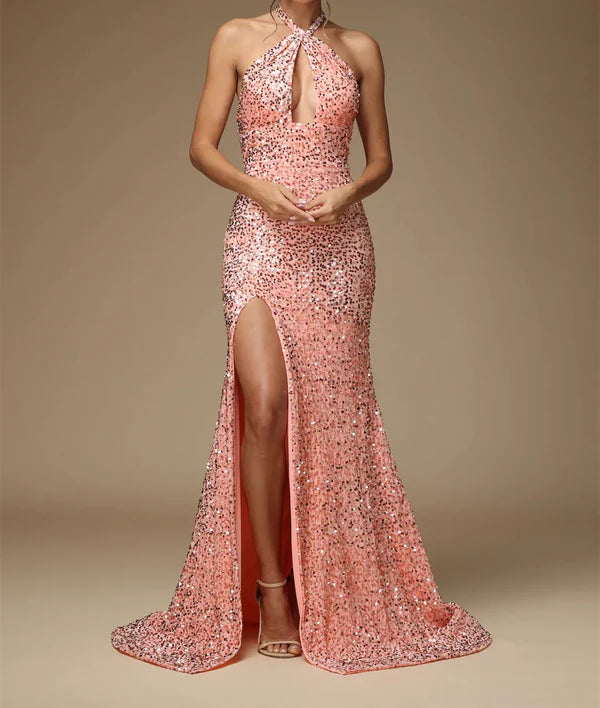 Luolandi Sequin slit tight fitting/column hanging neck and floor length formal prom dress Sexy Evening Dress