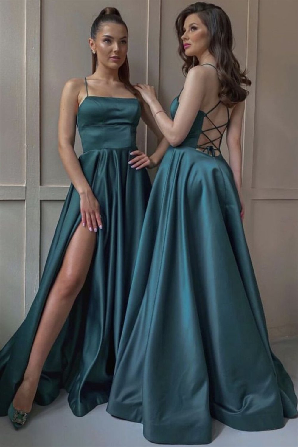 Luolandi Satin Long Prom Dress with Slit Open Back Green Formal Dress Evening Dress Sexy
