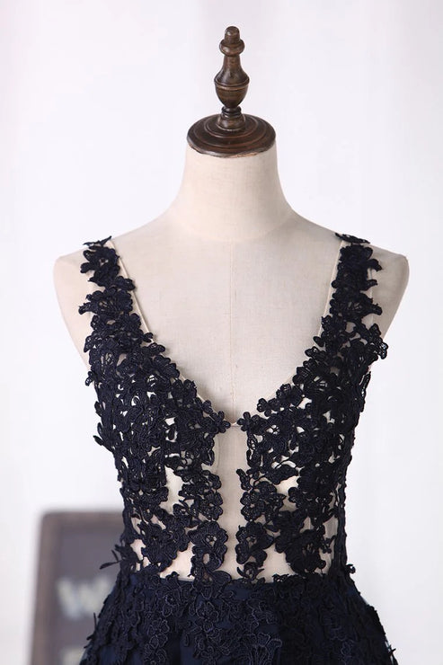 Luolandi V Neck Party Dresses A Line Tulle With Applique Sexy Evening Dress