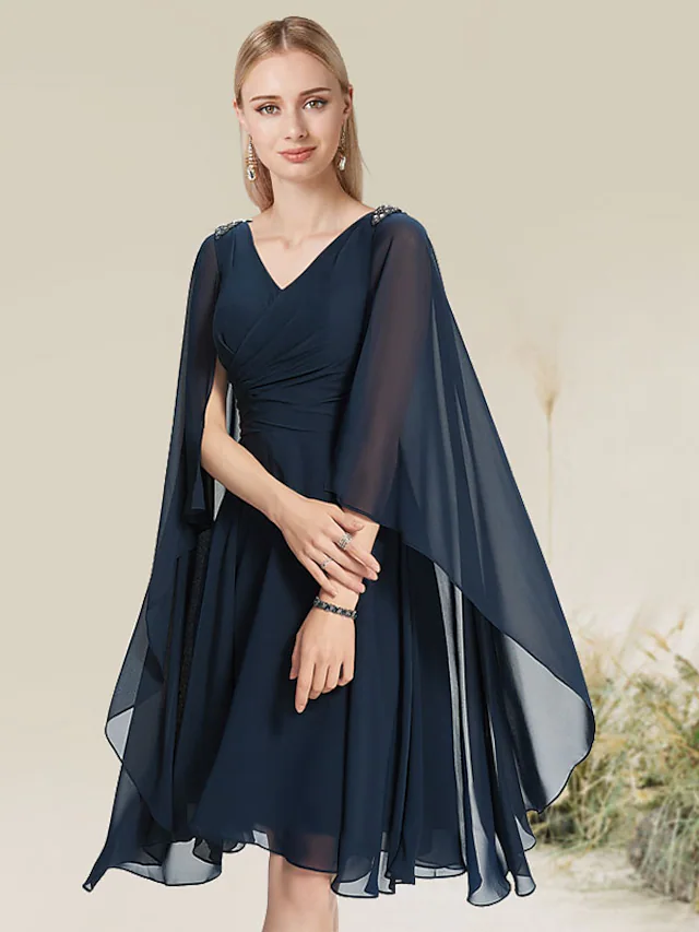 Luolandi A-Line Minimalist Elegant Wedding Guest Cocktail Party Dress V Neck Short Sleeve Knee Length Chiffon Lace Mother of the Bride Dress