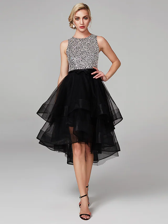 Luolandi Ball Gown Sparkle & Shine High Low Keyhole Cocktail Party Prom Dress Jewel Neck Sleeveless Knee Length Satin Tulle with Beading Cascading