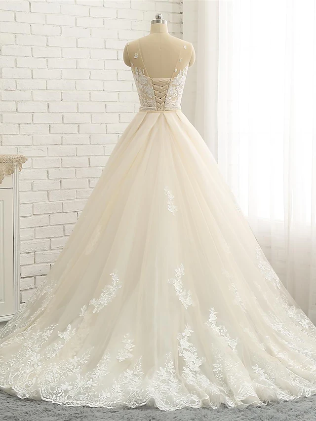 Luolandi Wedding Dresses Jewel Neck Chapel Train Lace Tulle Lace Over Satin Regular Straps Formal See-Through with Sashes Ribbons Pearls