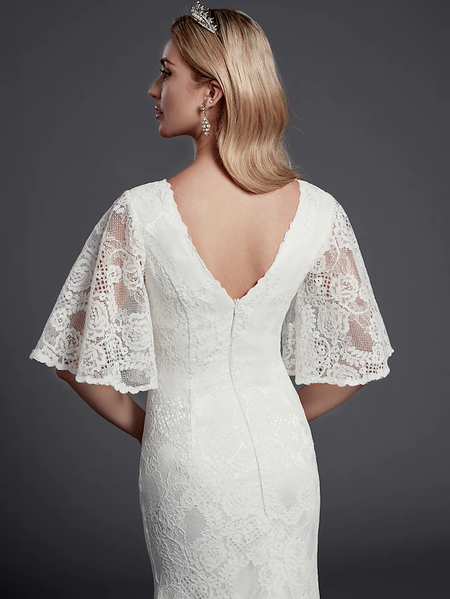Luolandi Long Wedding Dresses V Neck Lace Half Sleeve Beautiful Back with Lace