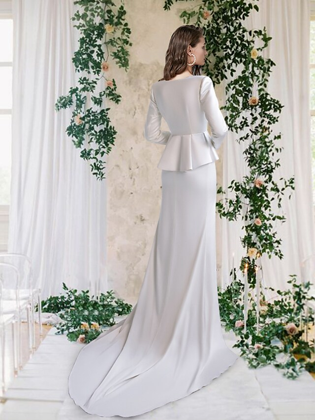 Luolandi Wedding Dresses V Neck Spaghetti Strap Court Train Satin Sleeveless Simple Sexy with Appliques Split