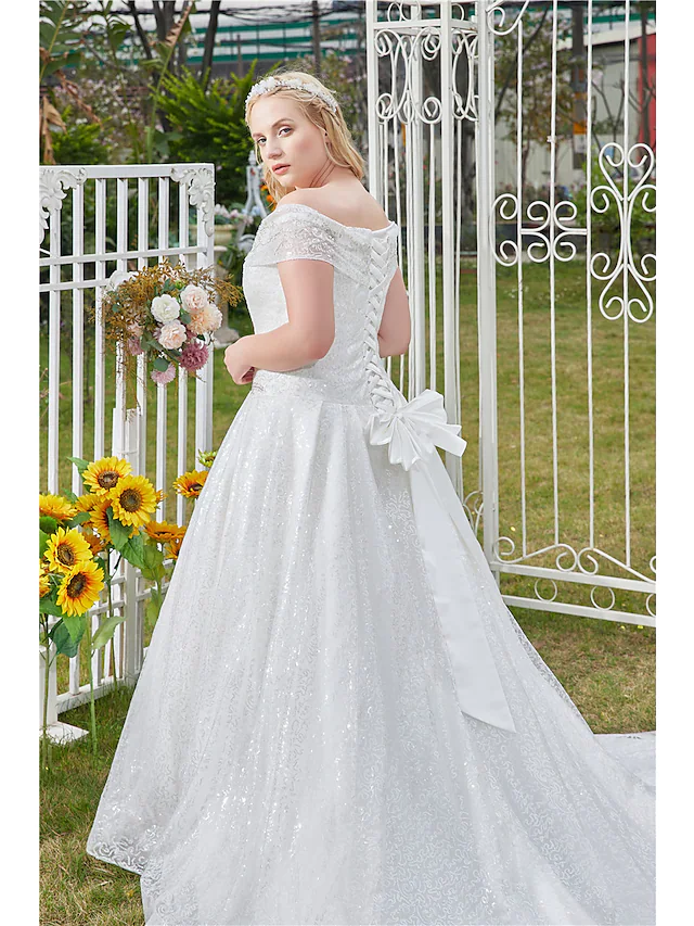 Luolandi Princess Ball Gown Wedding Dresses Off Shoulder Cathedral Train Lace Tulle Sleeveless Formal Romantic Luxurious Sparkle & Shine Plus Size with Beading