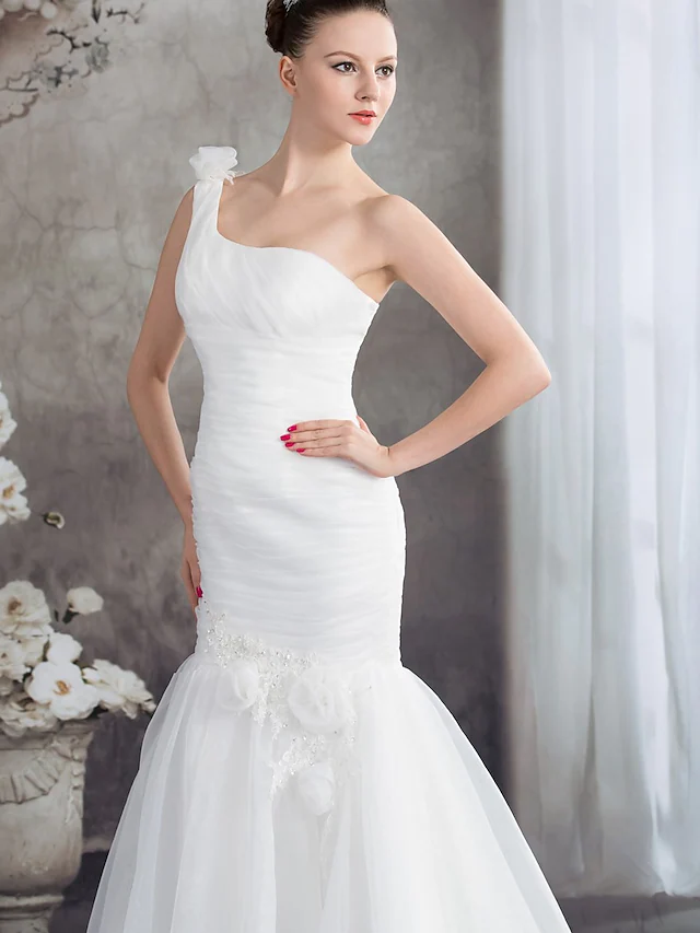Luolandi Wedding Dresses One Shoulder Court Train Organza Spaghetti Strap with Ruched