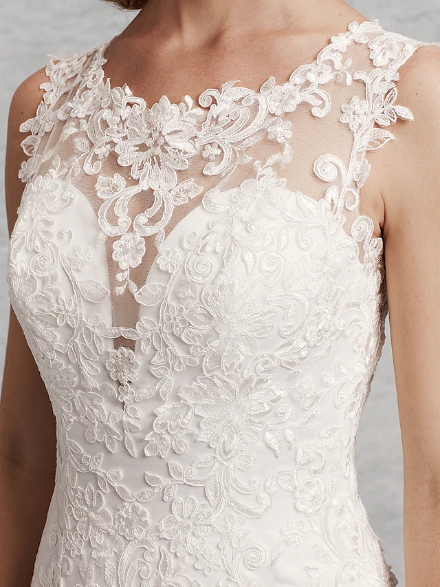 Luolandi Wedding Dresses Scoop Neck Court Train Lace Satin Tulle Regular Straps Beautiful Back with Lace