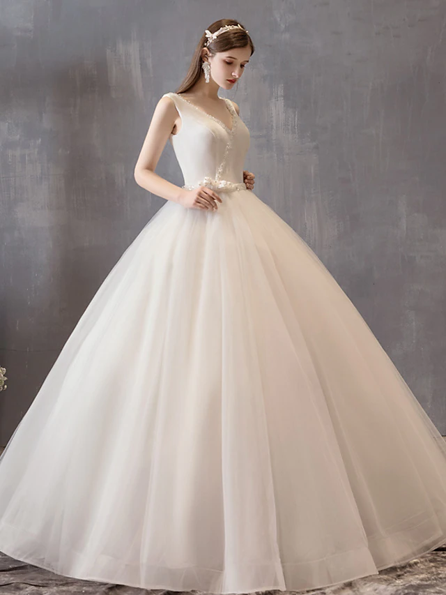 Luolandi Princess Ball Gown Wedding Dresses V Neck Floor Length Satin Tulle Sleeveless Formal Luxurious with Bow(s)