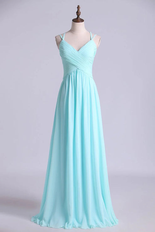 Luolandi Party Dress Spaghetti Straps Chiffon A Line Ruffled Bodice With Criss Crossed Back Bridesmaid Dress