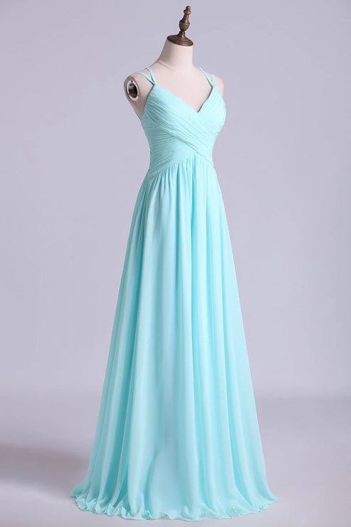 Luolandi Party Dress Spaghetti Straps Chiffon A Line Ruffled Bodice With Criss Crossed Back Bridesmaid Dress