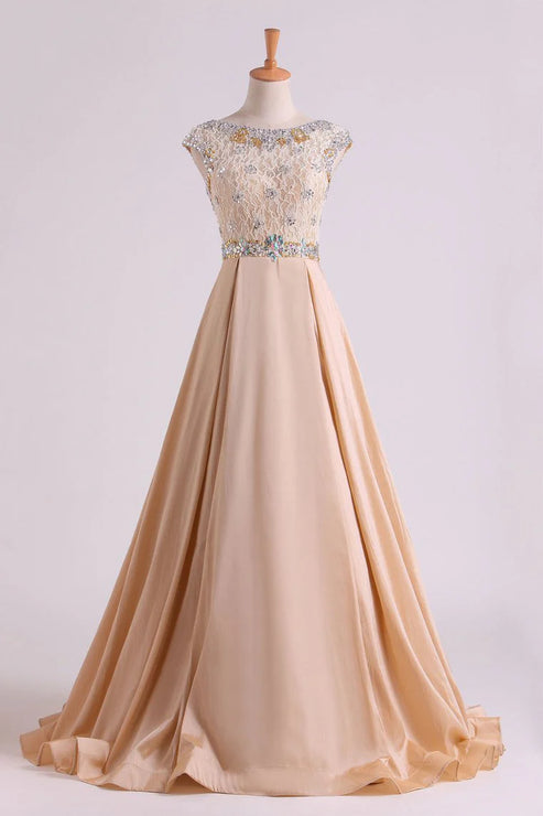 Luolandi Party Dresses Bateau Ball Gown Lace Bodice With Long Taffeta Skirt Sweep Train Elegant Evening Dress
