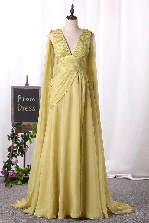 Luolandi Party Dresses Flowing V-Neck Chiffon Column With Ruffles Floor Length Evening Dress