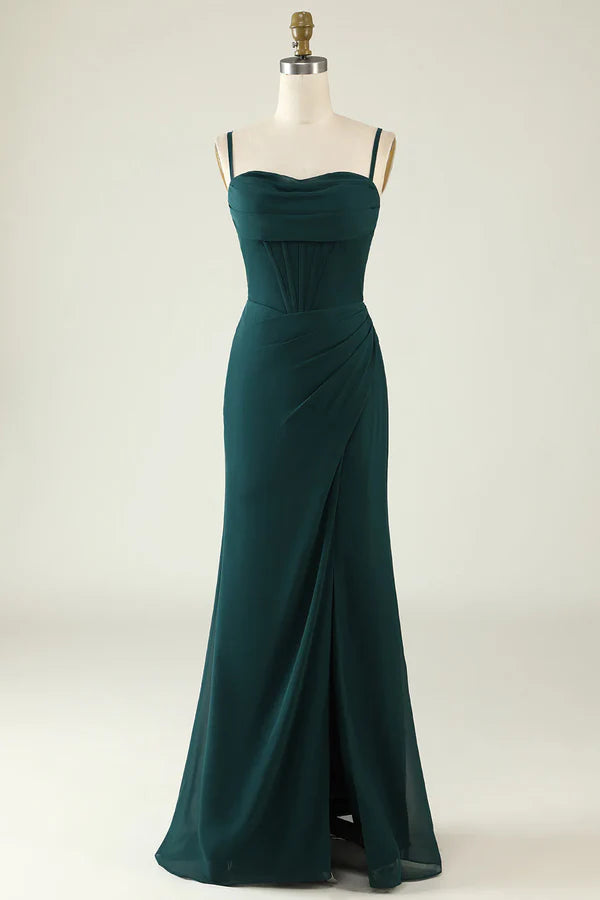 Luolandi Front slit tight fitting thin shoulder strap deep green long wedding guest dress With Slit