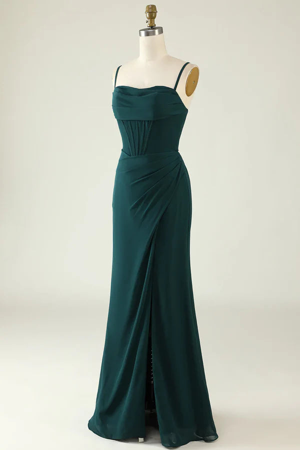 Luolandi Front slit tight fitting thin shoulder strap deep green long wedding guest dress With Slit