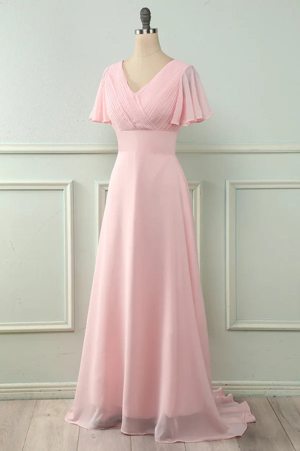 Luolandi V-neck pink ruffled bridesmaid dress Solid Color Beautiful