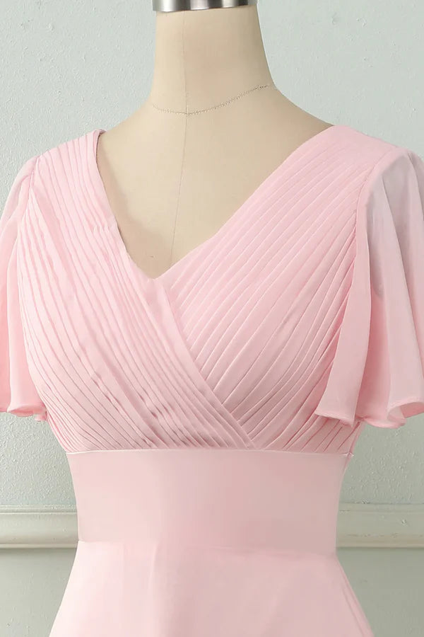 Luolandi V-neck pink ruffled bridesmaid dress Solid Color Beautiful