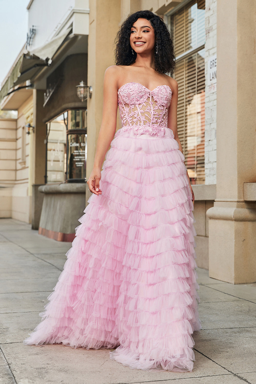 Luolandi Pink A Line Sweetheart Pleated Tiered Long Prom Dress Off Shoulder Floor Length