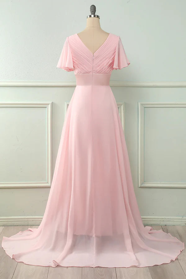 Luolandi V-neck pink ruffled bridesmaid dress Solid Color Beautiful