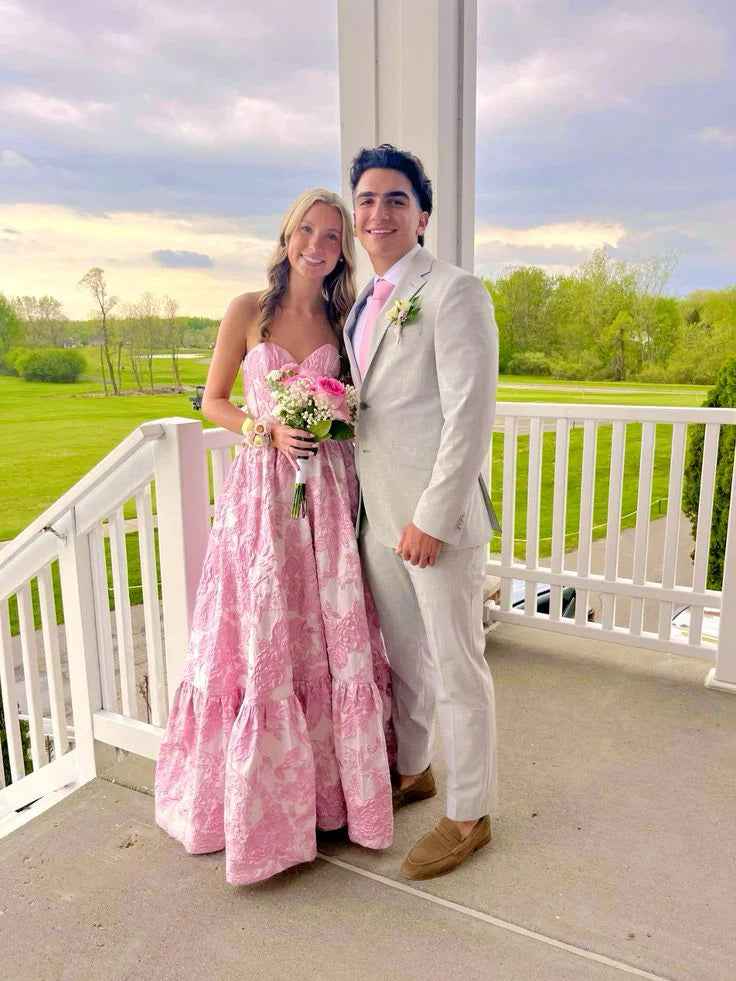 Luolandi Pink Sweatheart Floral A-Line Strapless Birthday Party Dress Lovely Long Prom Dress