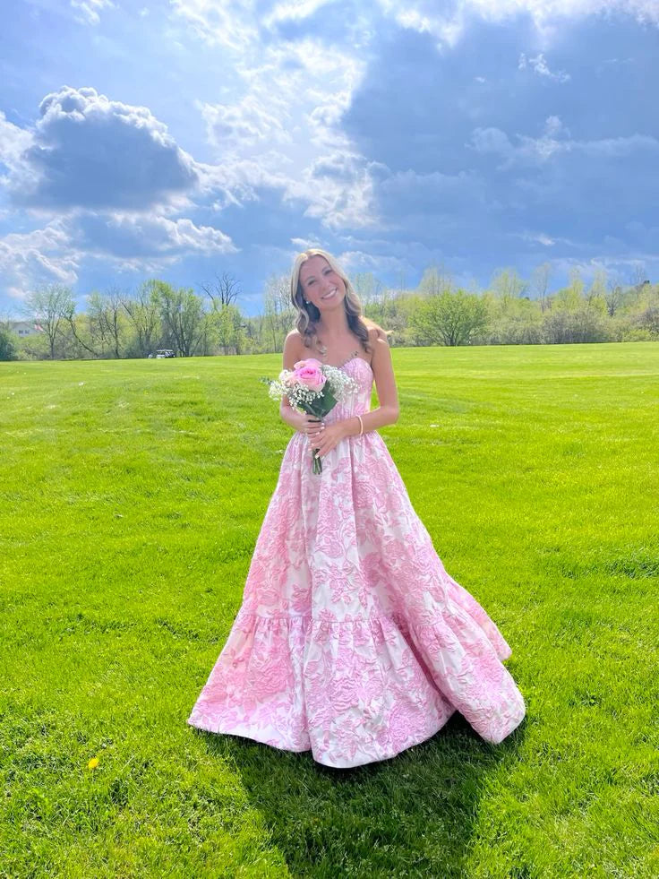 Luolandi Pink Sweatheart Floral A-Line Strapless Birthday Party Dress Lovely Long Prom Dress