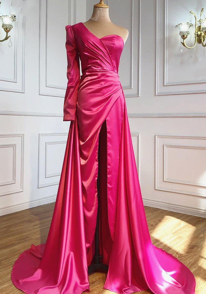 Luolandi Plus Size One Shoulder Ruched Bodice Sheath Satin Prom Dresses With High Slit Sexy Evening Dresses