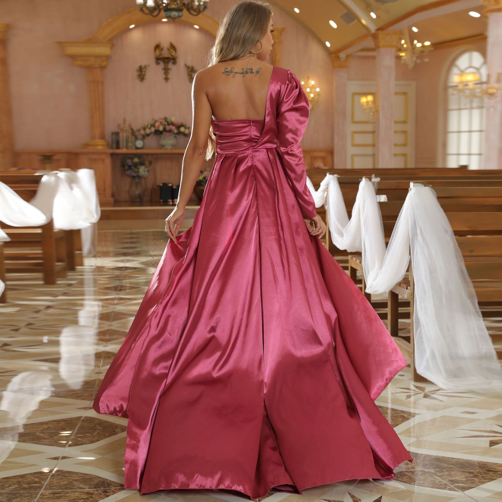 Luolandi Plus Size One Shoulder Ruched Bodice Sheath Satin Prom Dresses With High Slit Sexy Evening Dresses