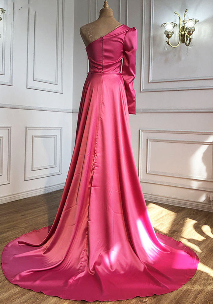 Luolandi Plus Size One Shoulder Ruched Bodice Sheath Satin Prom Dresses With High Slit Sexy Evening Dresses