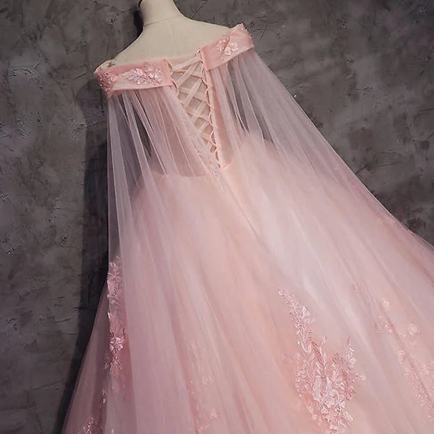 Luolandi Pink Long Tulle with Lace Applique Ball Gown Sweet 16 Dresses Formal Dresses Elegant Prom Dress