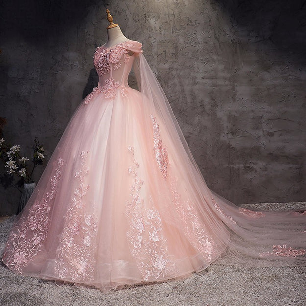 Luolandi Pink Long Tulle with Lace Applique Ball Gown Sweet 16 Dresses Formal Dresses Elegant Prom Dress