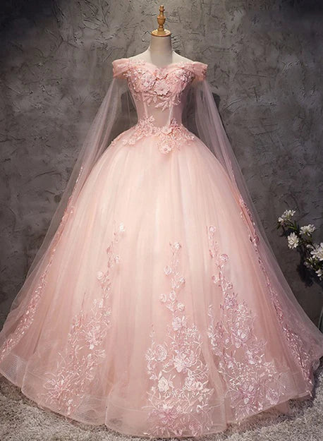 Luolandi Pink Long Tulle with Lace Applique Ball Gown Sweet 16 Dresses Formal Dresses Elegant Prom Dress