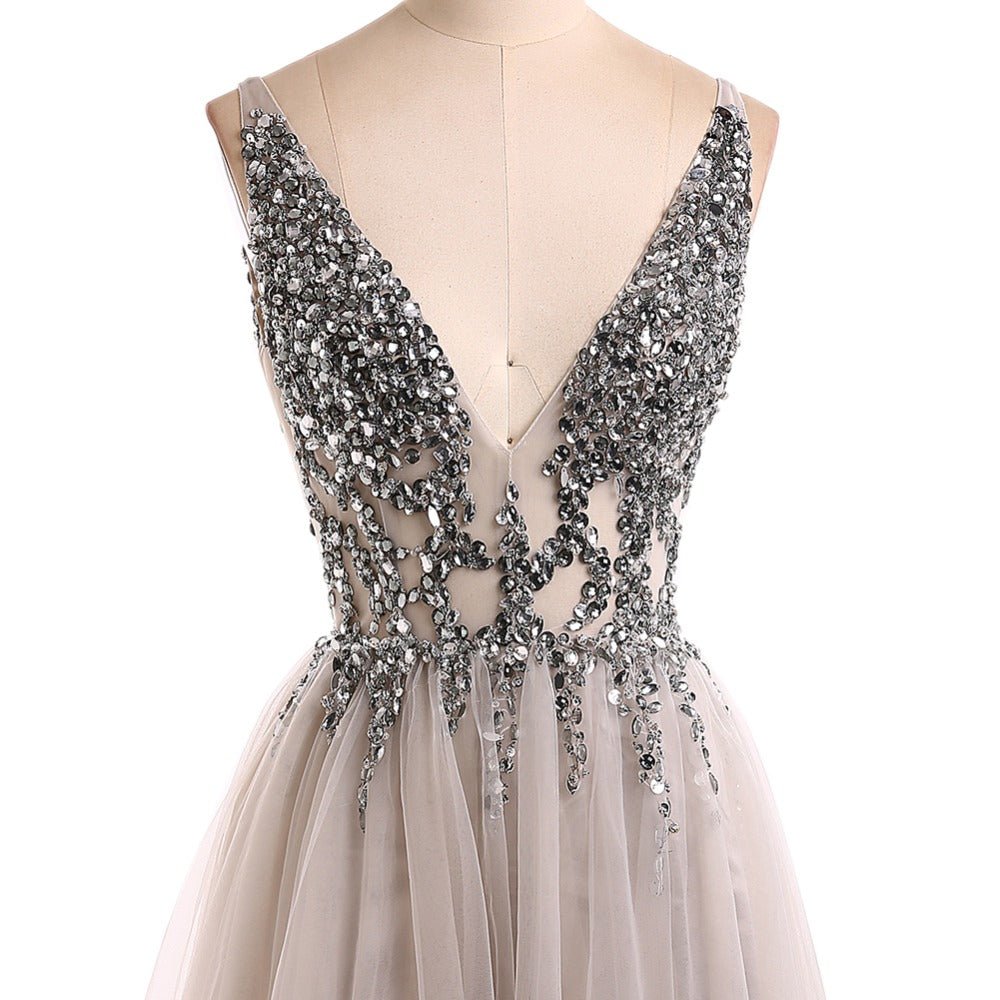Luolandi Deep V-Neck Long Beading Tulle A-Line Gray Prom Dresses Straps Long Formal Dress Sexy Evening Dresses