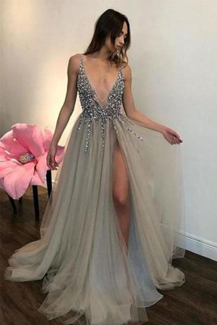Luolandi Deep V-Neck Long Beading Tulle A-Line Gray Prom Dresses Straps Long Formal Dress Sexy Evening Dresses