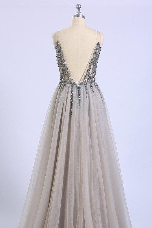 Luolandi Deep V-Neck Long Beading Tulle A-Line Gray Prom Dresses Straps Long Formal Dress Sexy Evening Dresses