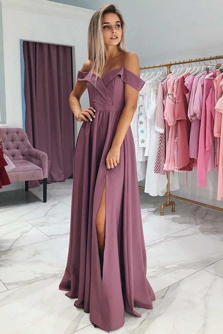 Luolandi Pretty Off The Shoulder Spaghetti Straps Long Elegant Prom Dresses With Split Party Dresses