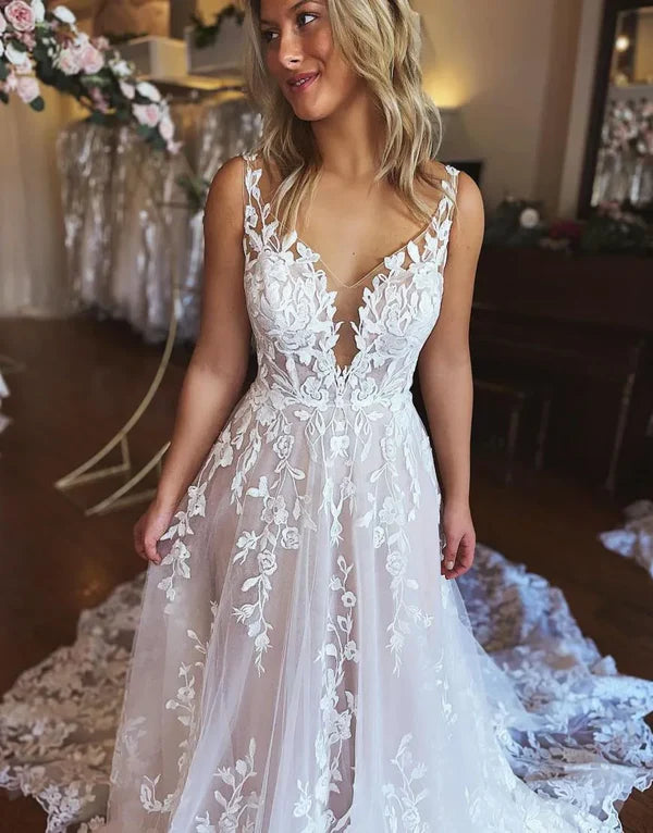 Luolandi Pretty A-Line Illusion Chapel Train Wedding Dress With Appliques Beautiful