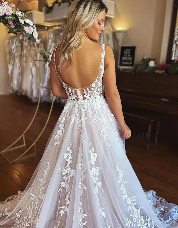 Luolandi Pretty A-Line Illusion Chapel Train Wedding Dress With Appliques Beautiful