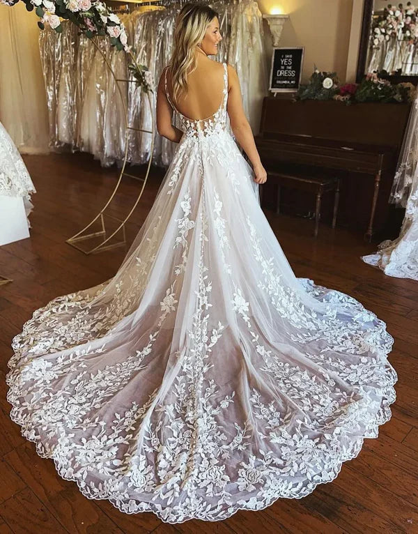 Luolandi Pretty A-Line Illusion Chapel Train Wedding Dress With Appliques Beautiful