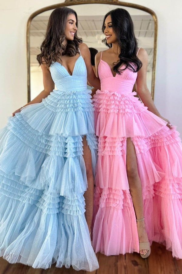 Luolandi A-Line Spaghetti Straps Long Tiered Tulle Prom Dress With Split Sexy Evening Dress