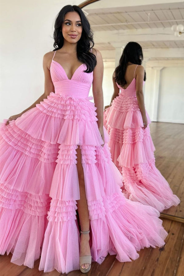 Luolandi A-Line Spaghetti Straps Long Tiered Tulle Prom Dress With Split Sexy Evening Dress