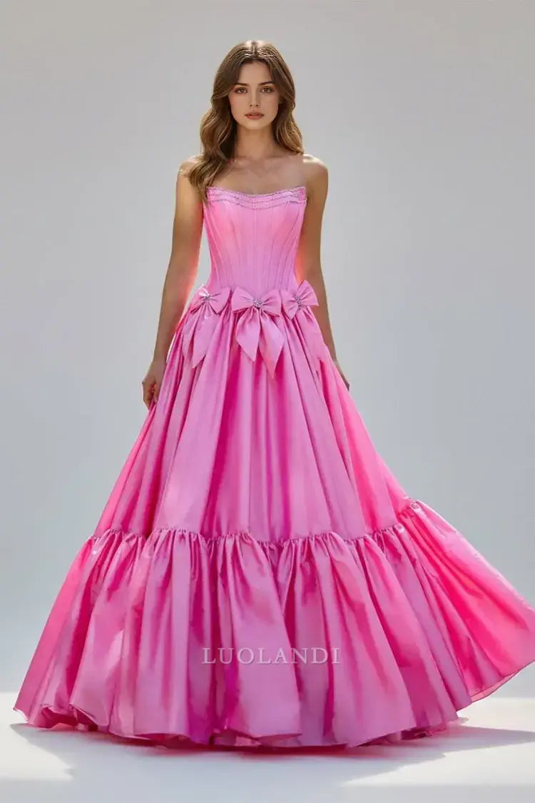 Luolandi Pretty A-Line Strapless Sleeveless Satin Long Formal Prom Dress with Bow Knots Lovely Birthday Party Dress Elegant Evening Gowns