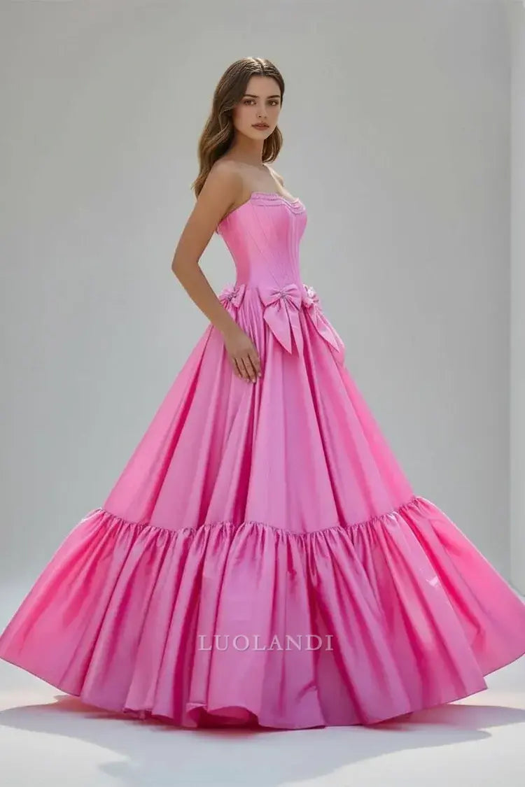 Luolandi Pretty A-Line Strapless Sleeveless Satin Long Formal Prom Dress with Bow Knots Lovely Birthday Party Dress Elegant Evening Gowns