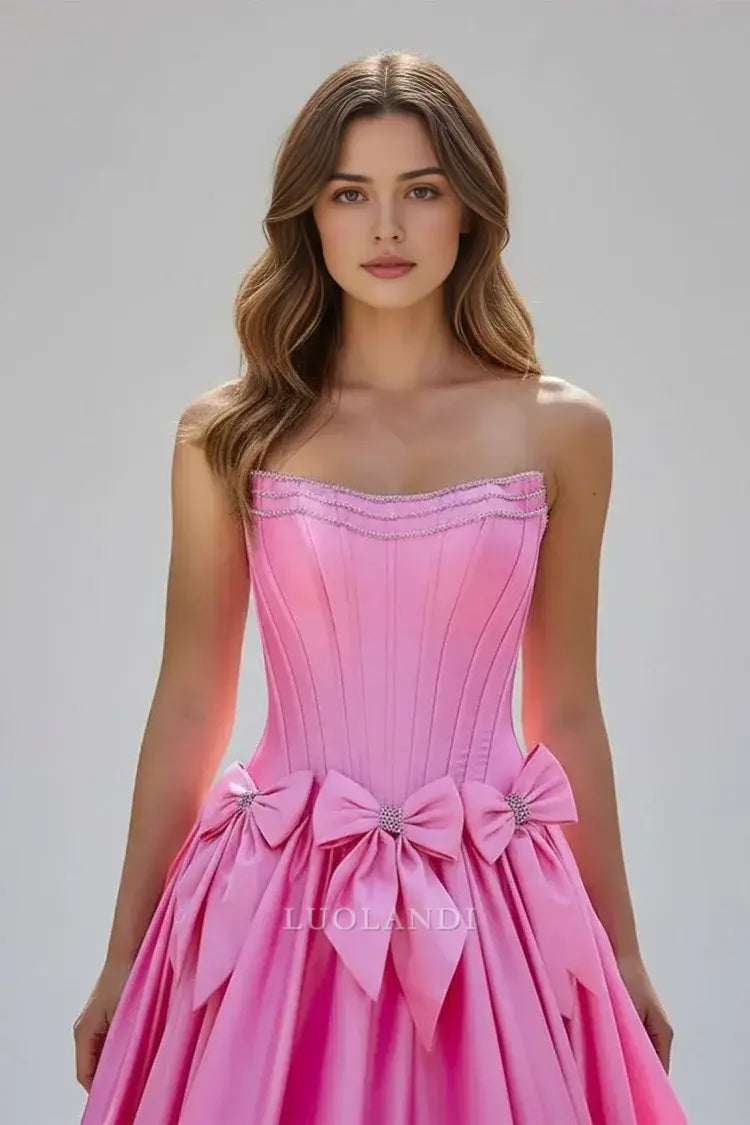Luolandi Pretty A-Line Strapless Sleeveless Satin Long Formal Prom Dress with Bow Knots Lovely Birthday Party Dress Elegant Evening Gowns