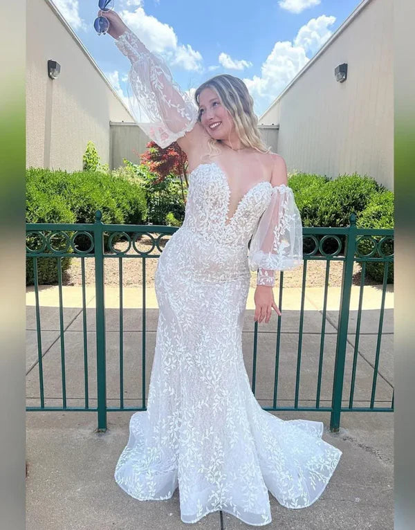 Luolandi Pretty Mermaid Strapless Lace Wedding Dress With Detachable Sleeves Beautiful