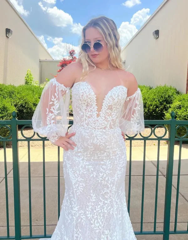 Luolandi Pretty Mermaid Strapless Lace Wedding Dress With Detachable Sleeves Beautiful