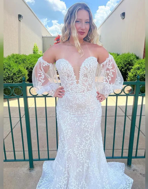 Luolandi Pretty Mermaid Strapless Lace Wedding Dress With Detachable Sleeves Beautiful