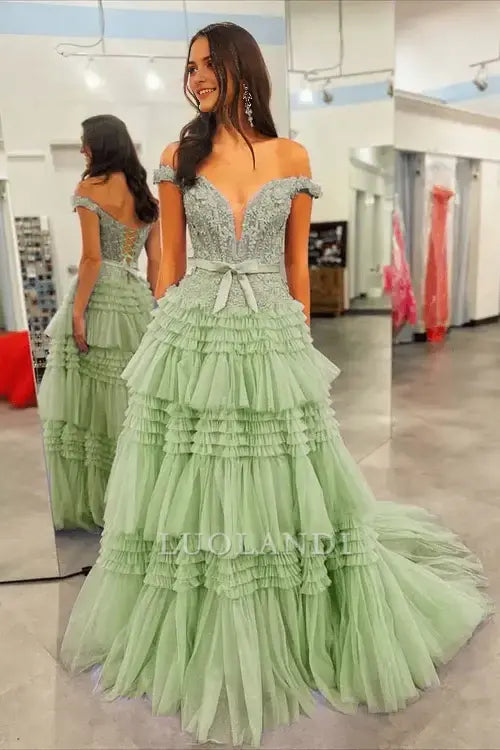 Luolandi Pretty Princess A-Line Off the Shoulder Tulle Ruffles Long Formal Prom Dress with Bow Sexy Birthday Party Dress Charming Evening Gowns
