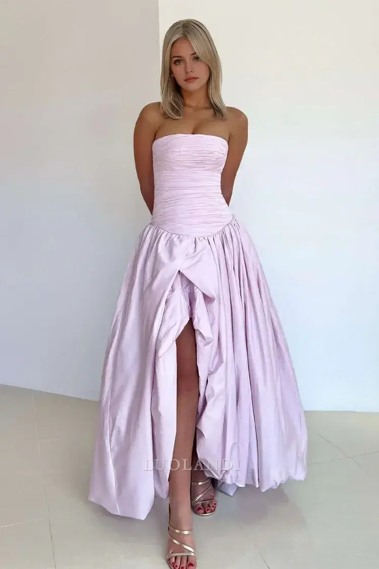 Luolandi Pretty A-Line Strapless Pleated Long Formal Prom Dress With Slit Elegant Birthday Party Dress Charming Evening Gowns