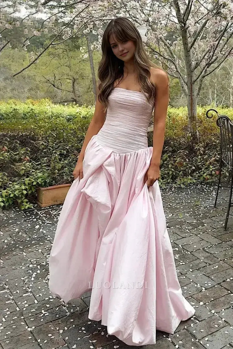 Luolandi Pretty A-Line Strapless Pleated Long Formal Prom Dress With Slit Elegant Birthday Party Dress Charming Evening Gowns